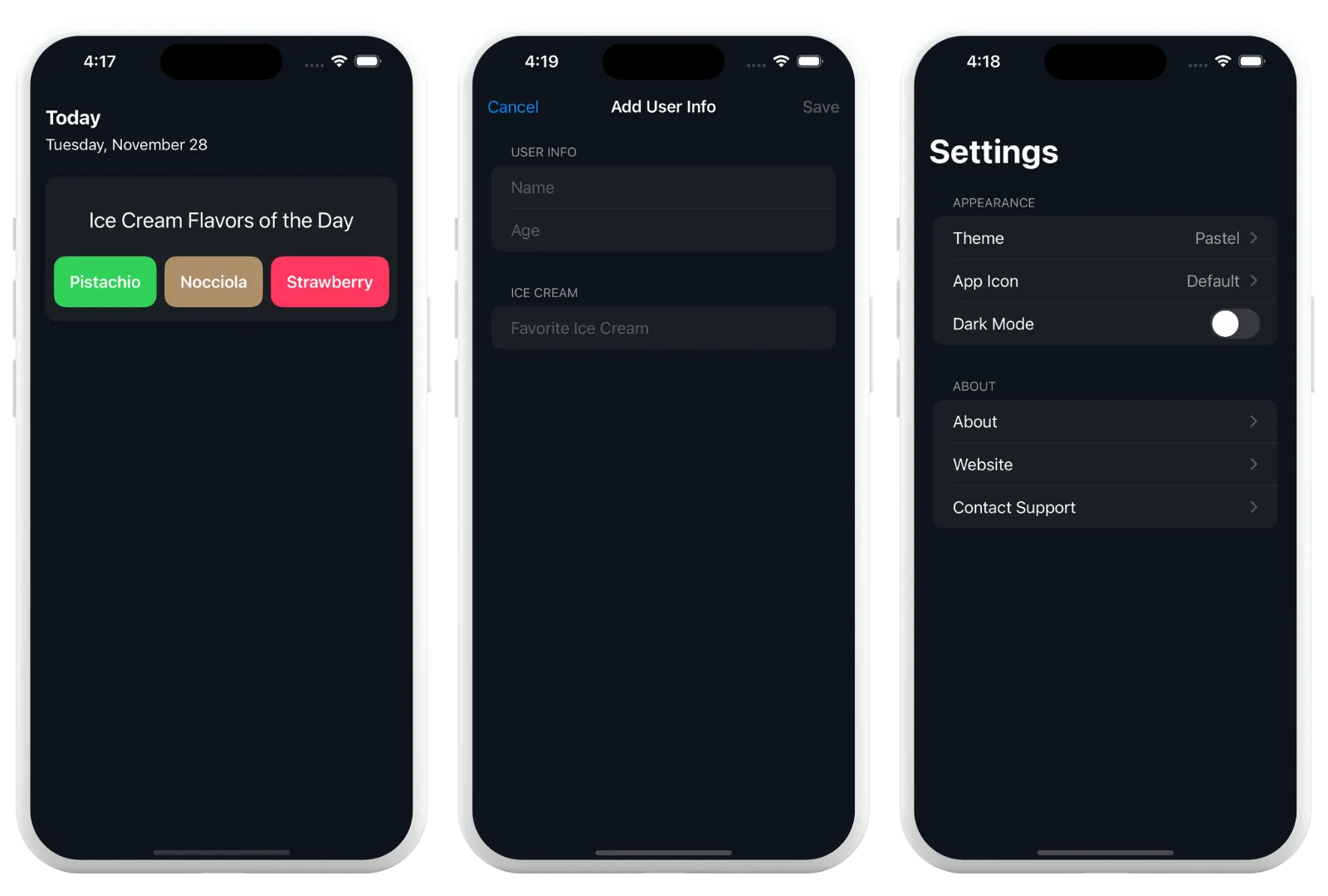 Three iPhone screens with a regular view, a form, and a list in custom dark mode colors Three iPhone screens with a regular view, a form, and a list in custom dark mode colors