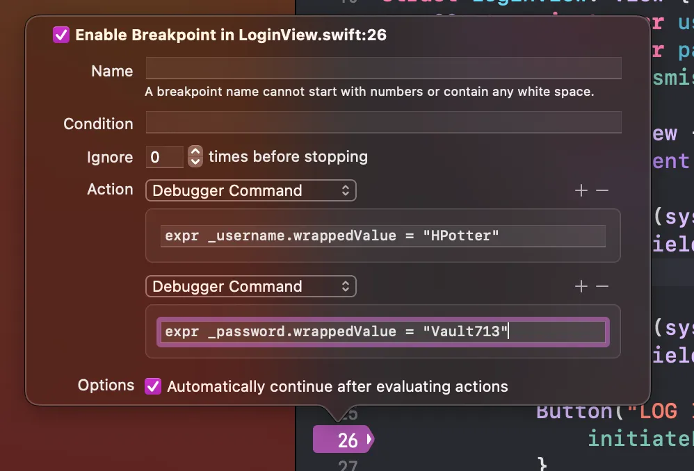 Xcode edit breakpoint window Xcode edit breakpoint window