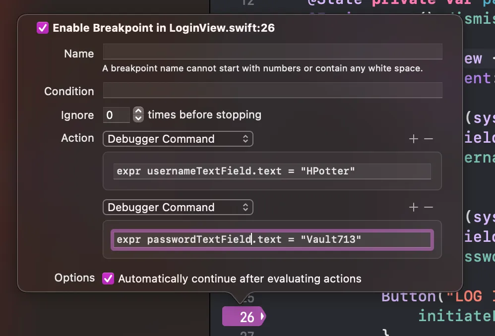 Xcode edit breakpoint window Xcode edit breakpoint window