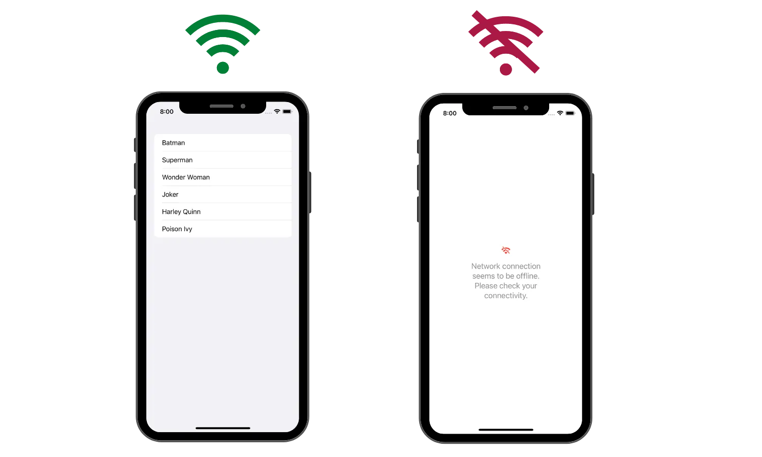 Left: view displayed with the valid network connection. Right: No network connection view with unavailable connection Left: view displayed with the valid network connection. Right: No network connection view with unavailable connection