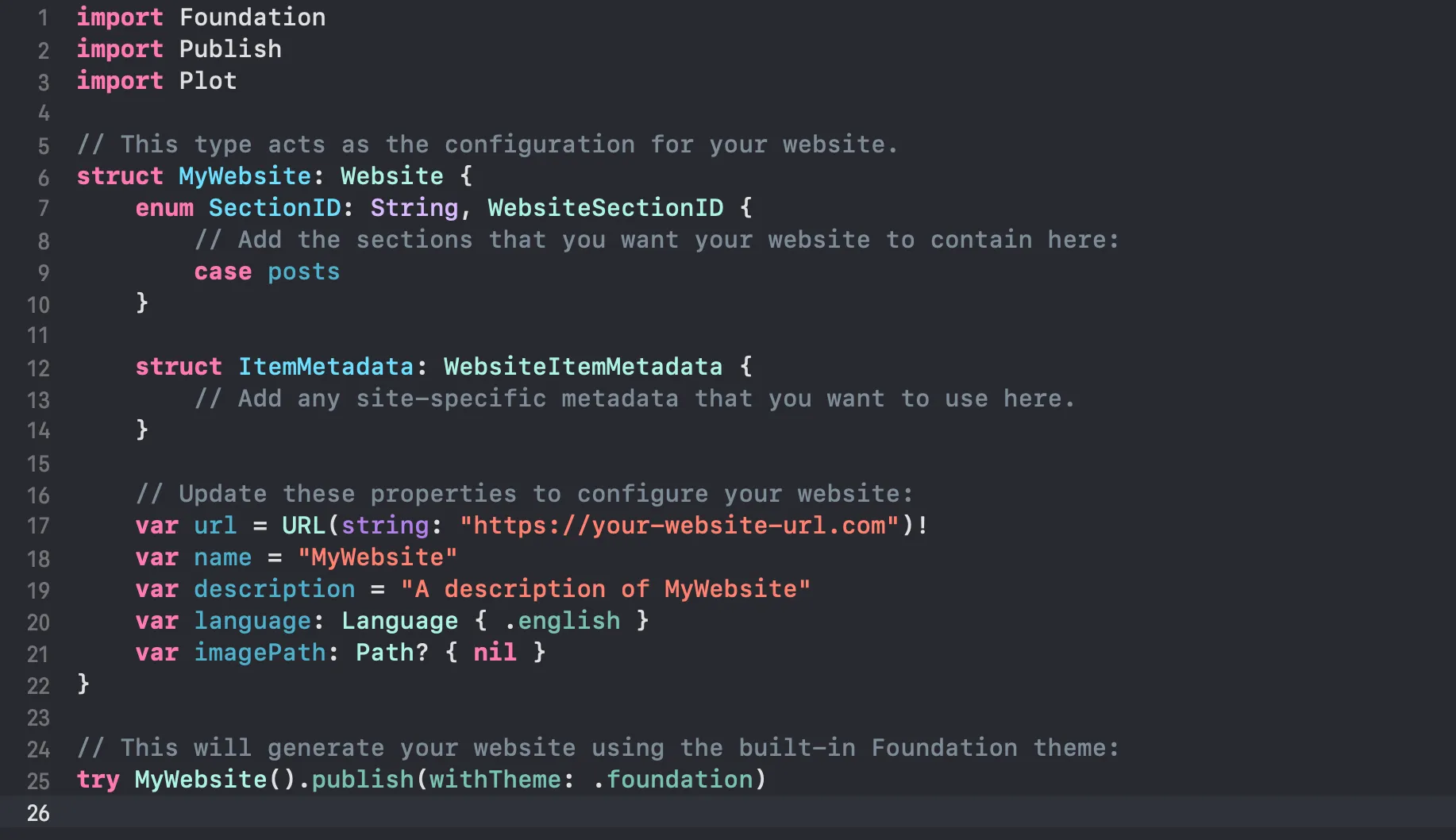 main.swift file showing the pre-defined configuration for the website main.swift file showing the pre-defined configuration for the website