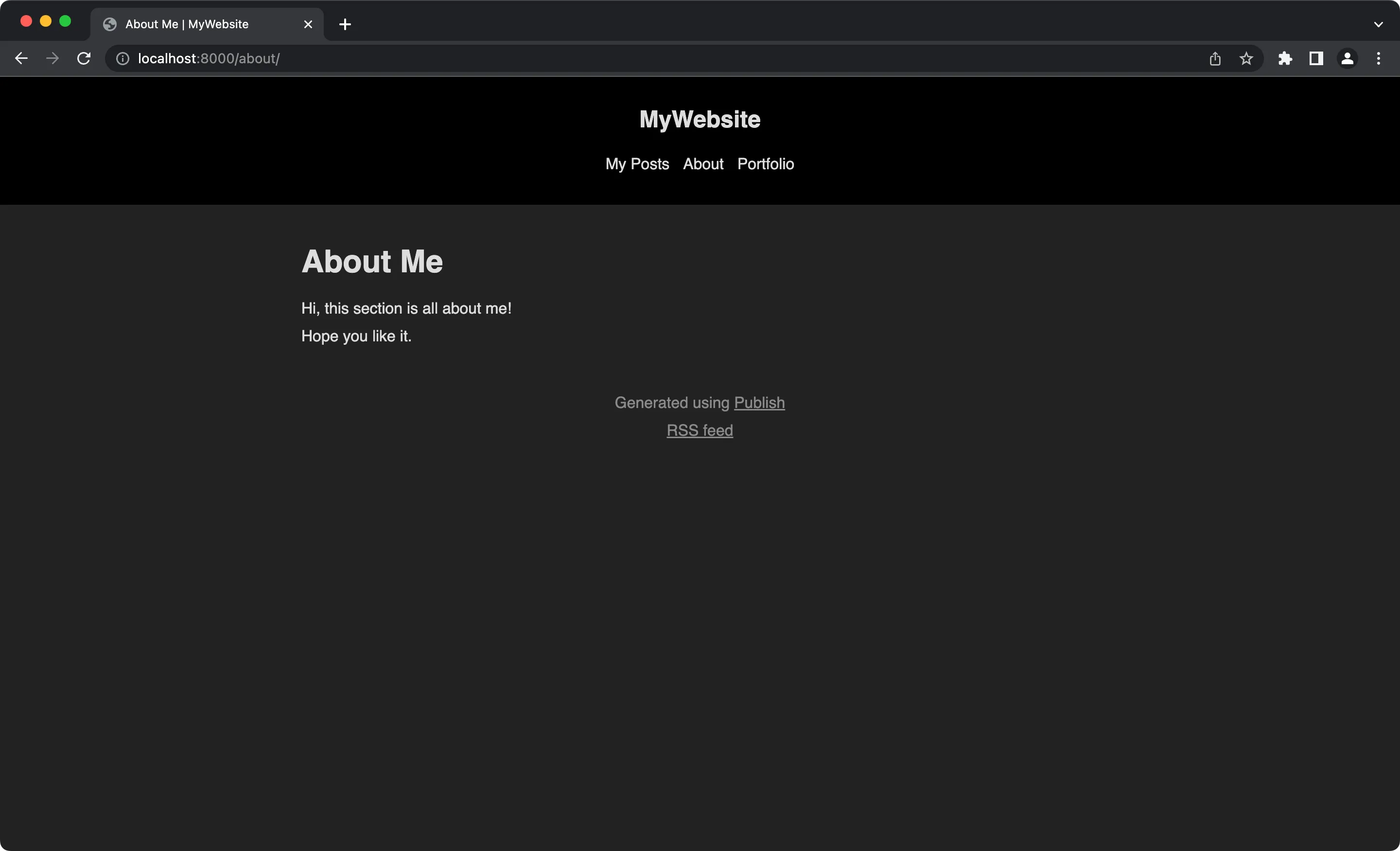 About webpage showing the section's content and three navigation menu items: My Posts, About and Portfolio About webpage showing the section's content and three navigation menu items: My Posts, About and Portfolio