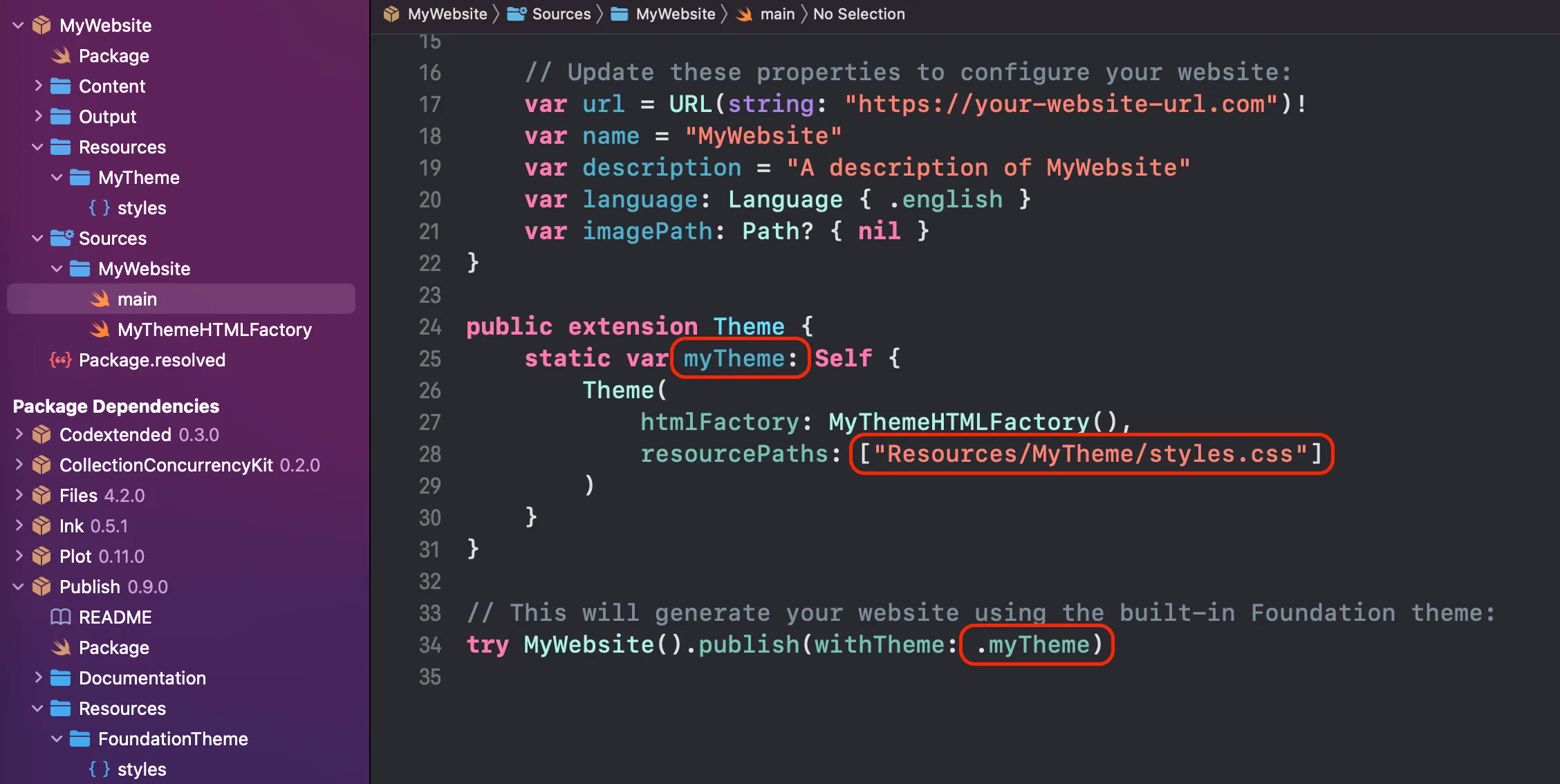 main.swift file showing highlighted parts of code to change the custom theme name, path to resources folder of the css file and the call to theme in publish method main.swift file showing highlighted parts of code to change the custom theme name, path to resources folder of the css file and the call to theme in publish(withTheme) method
