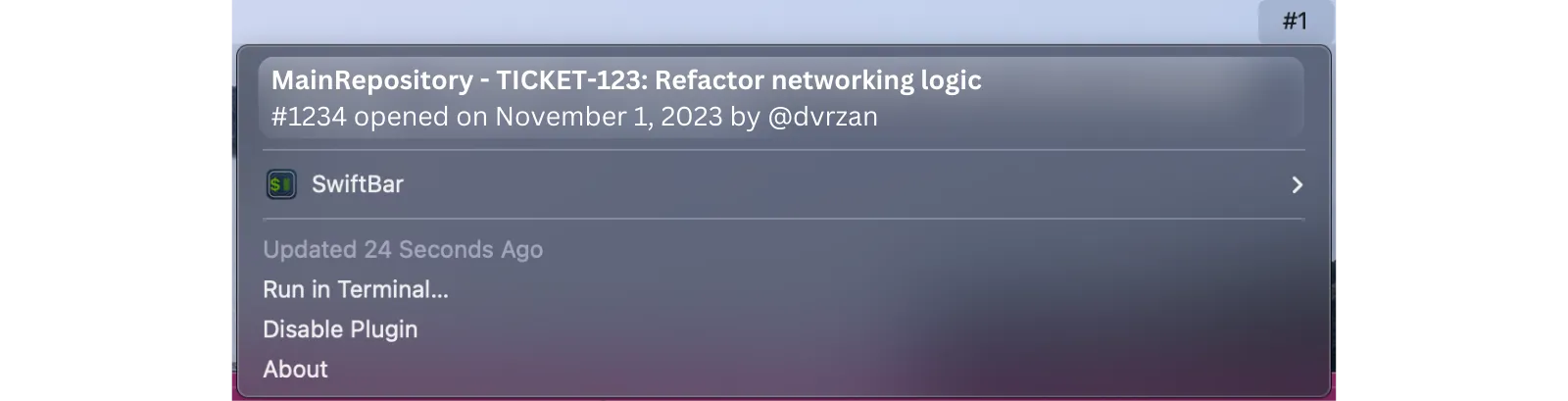 SwiftBar menu app showing 1 PR in the menu and detailed information about it SwiftBar menu app showing 1 PR in the menu and detailed information about it