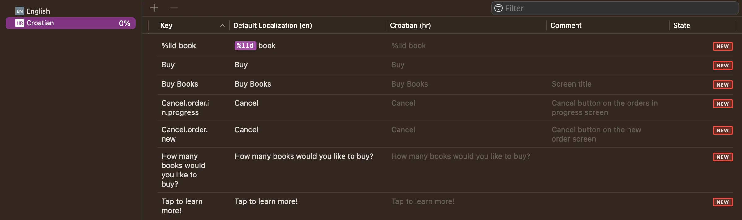 String Catalog in Xcode with populated strings in Croatian language String Catalog in Xcode with populated strings in Croatian language