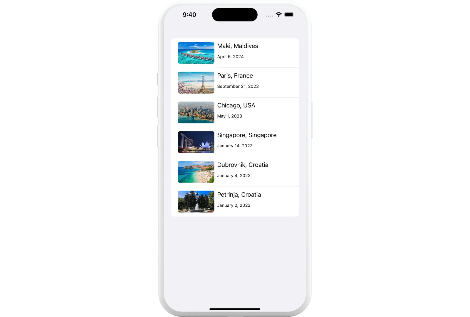 iPhone app with a screen showing a list of travel data iPhone app with a screen showing a list of travel data