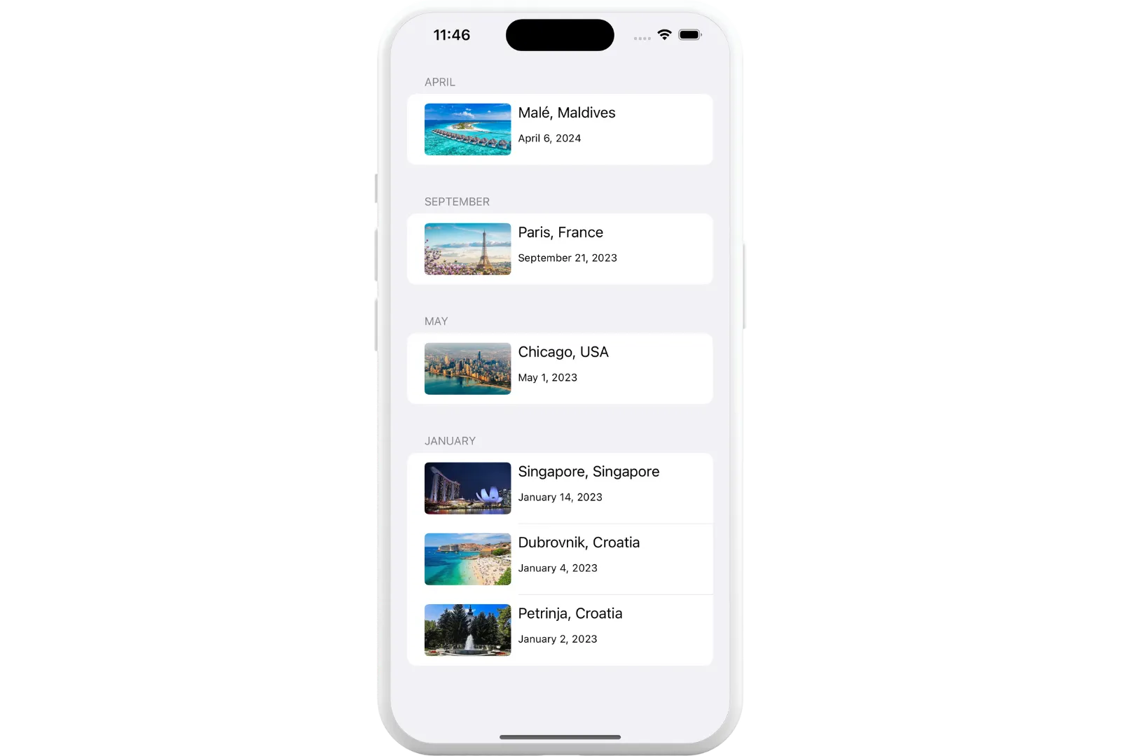 iPhone app with a screen showing a list of travel data grouped by month iPhone app with a screen showing a list of travel data grouped by month