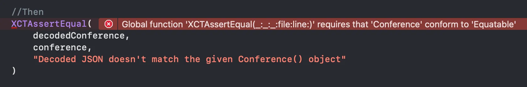 When asserting two values are equal, add Equatable conformance When asserting two values are equal, add Equatable conformance