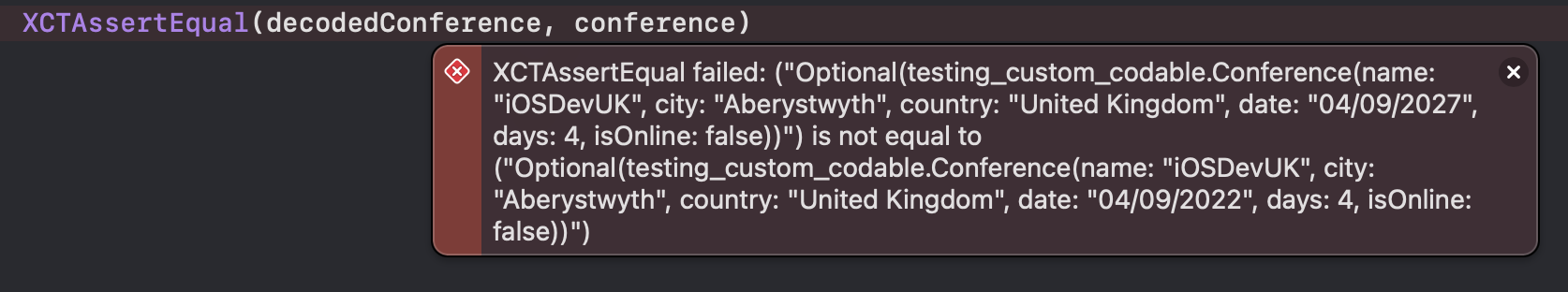 XCTAssert fails and shows a lengthy error