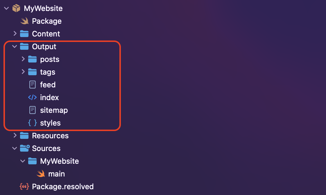 Folder structure of projects generated by Publish with Output folder highlighted