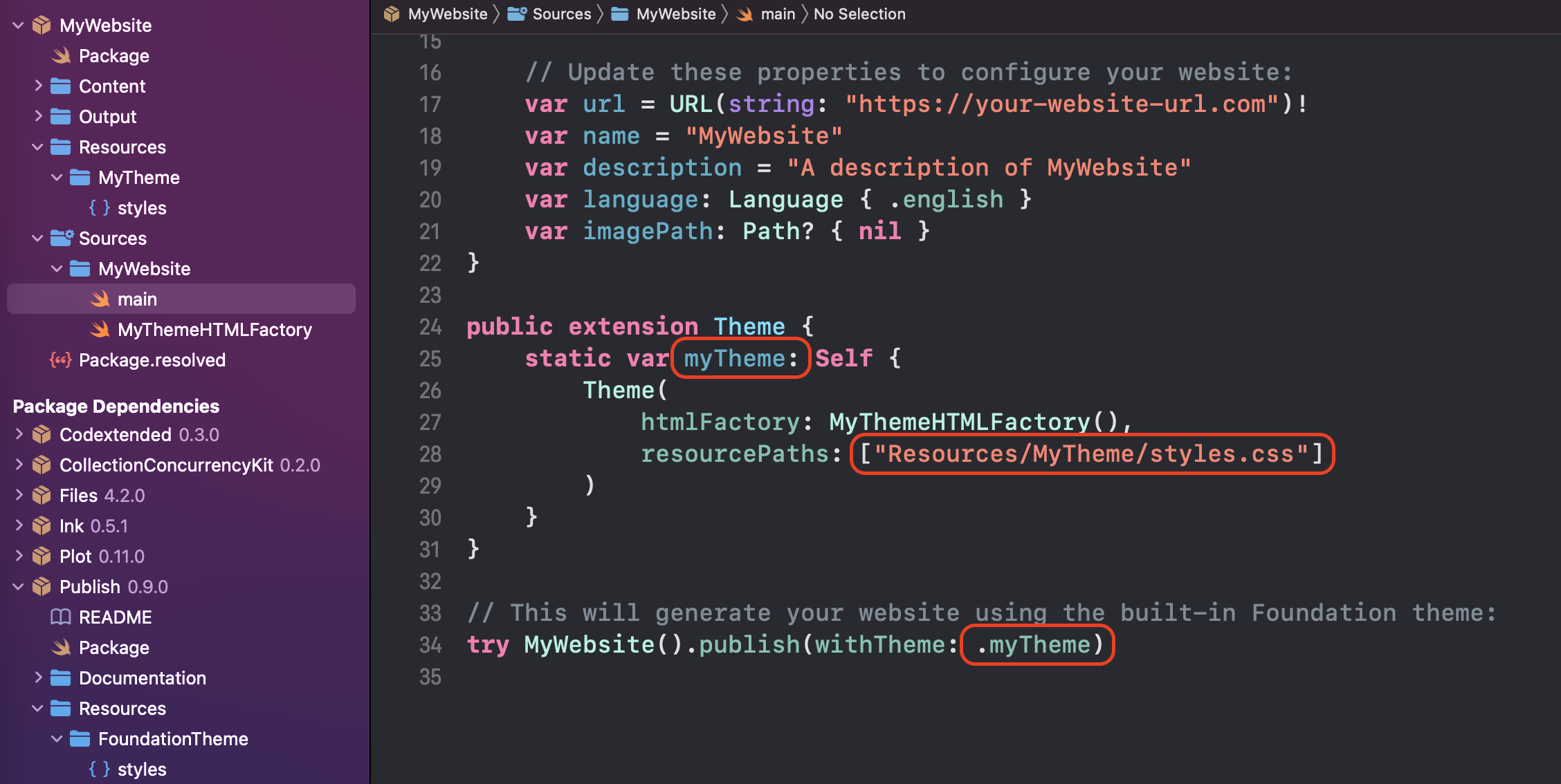 main.swift file showing highlighted parts of code to change the custom theme name, path to resources folder of the css file and the call to theme in publish(withTheme) method