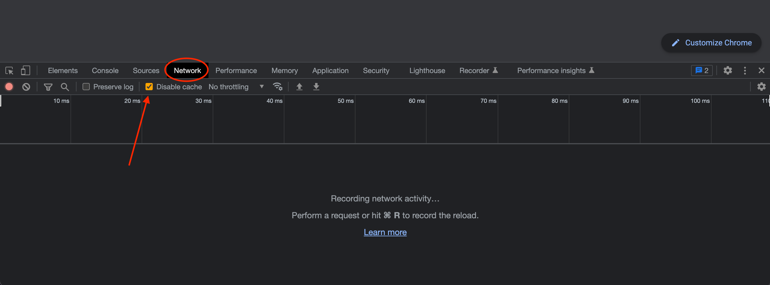 Network tab in Developer Tools with cache disabled