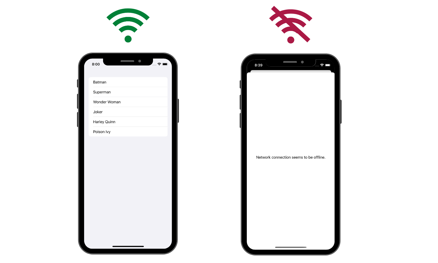 Left: view displayed with the valid network connection. Right: A popover presented on the view with unavailable connection