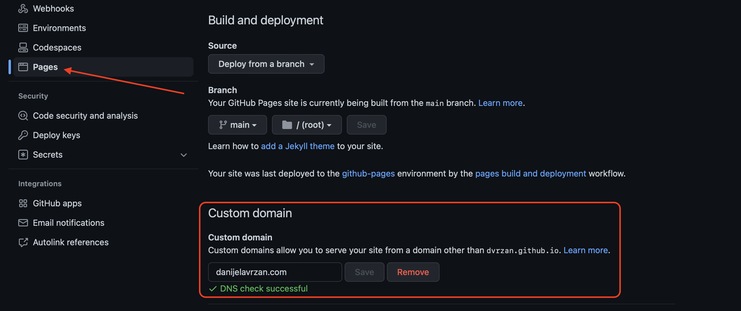 GitHub Pages settings section and Custom domain setup