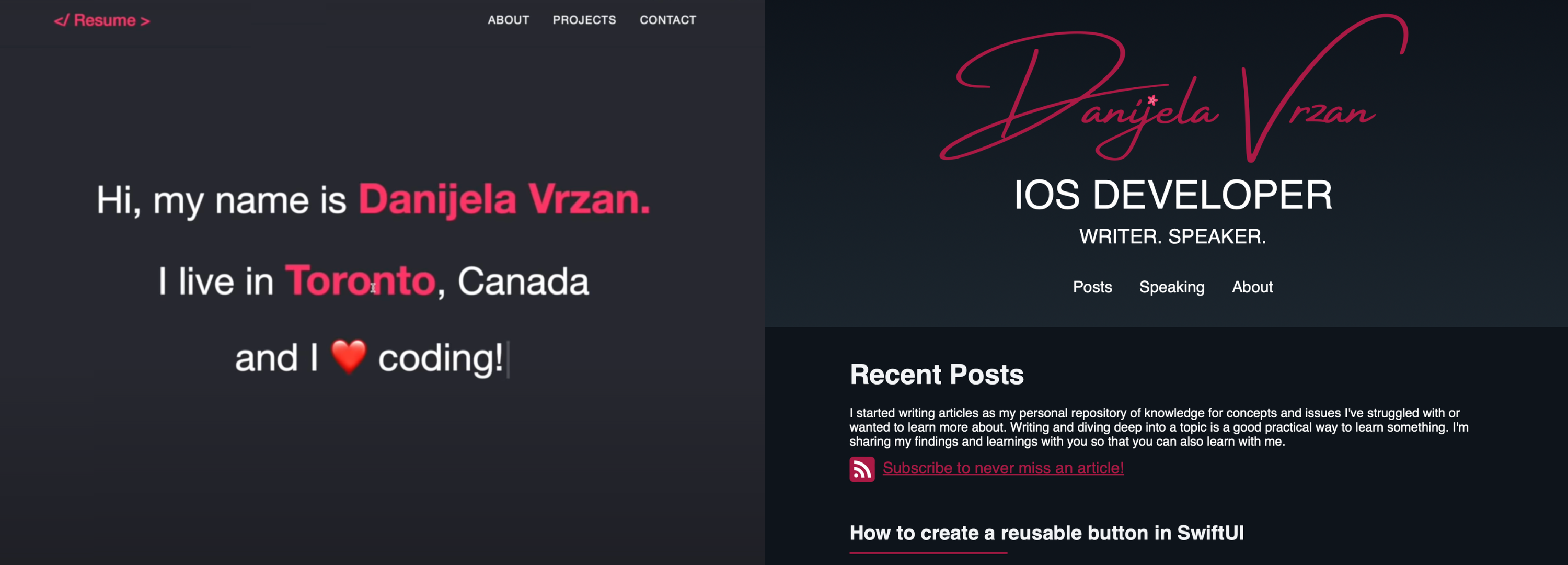 Old version of my website in CSS and HTML on the left and the new version in Swift using Publish on the right.