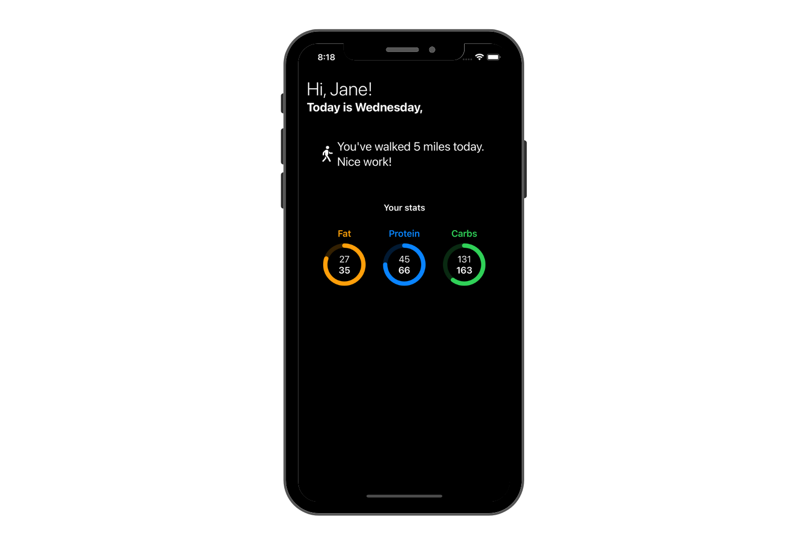 Simulator screenshot of a home page for a macronutrient tracking app in dark mode
