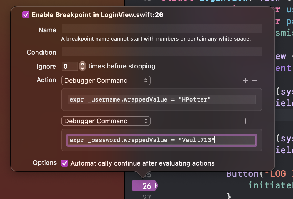 Xcode edit breakpoint window