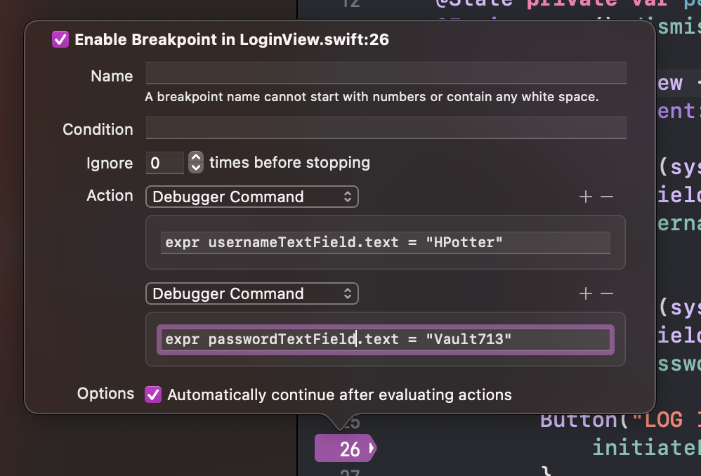 Xcode edit breakpoint window