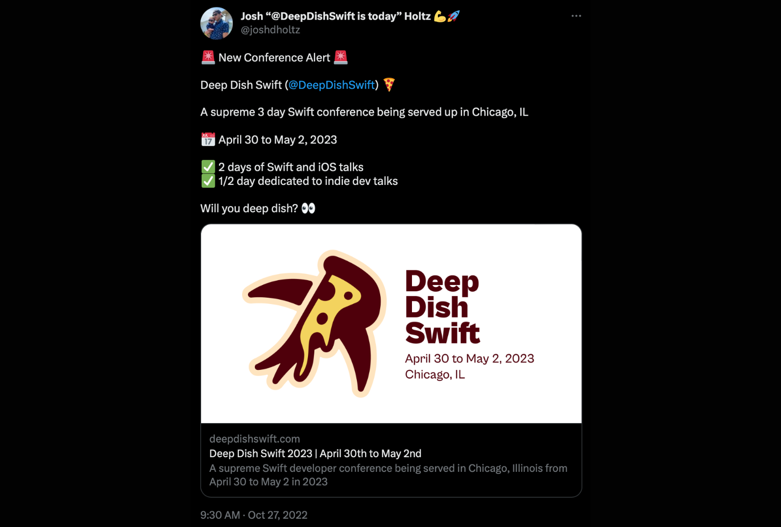 Josh Holtz tweeting about DeepDishSwift