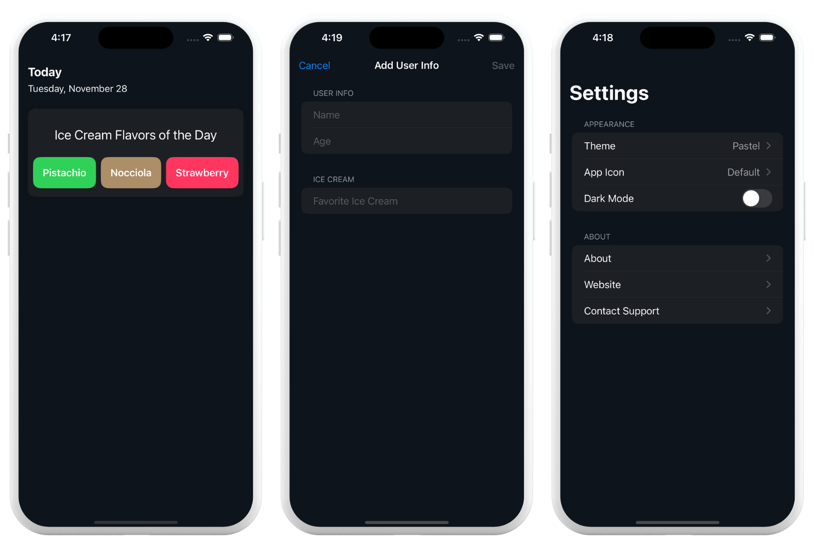 Three iPhone screens with a regular view, a form, and a list in custom dark mode colors