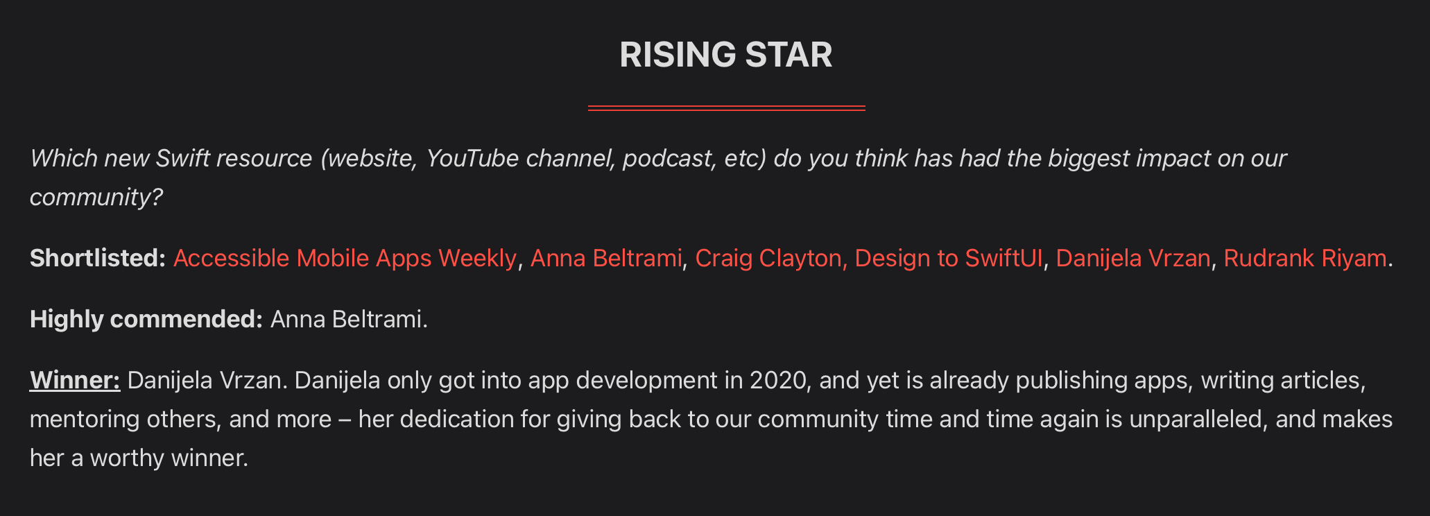 Swift Community 2022 Rising Star Award